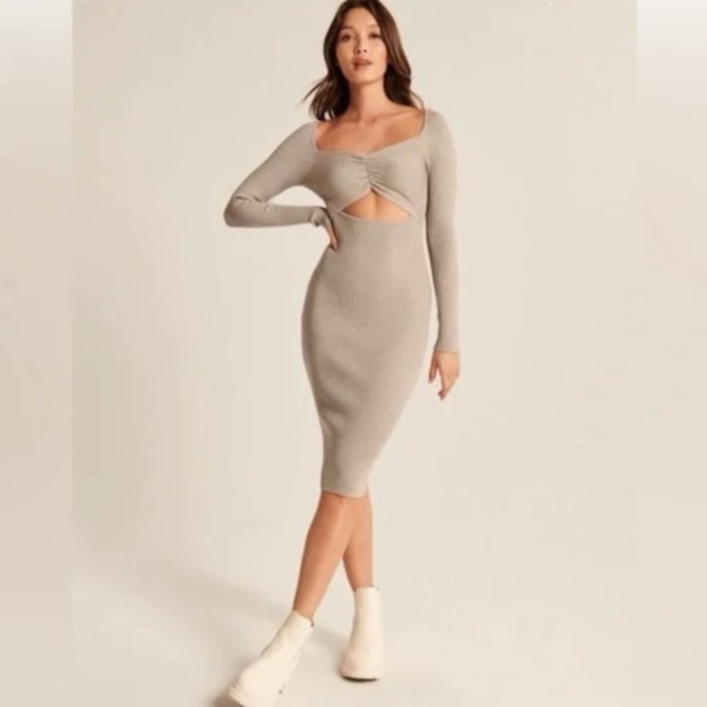 Abercrombie & Fitch Beige cut out sweater ribbed midi long sleeve dress bodycon